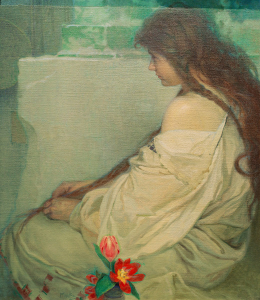 Maedchen mit Tulpen, 1920.  od Alphonse Mucha