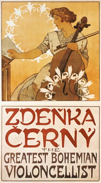 Poster Zdenka Cerny, The Greatest Bohemian Violoncellist od Alphonse Mucha