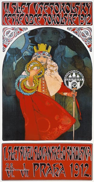 Plakat zum 6. Treffen der tschechischen Sokol-Vereinigung, Prag 1912.  od Alphonse Mucha