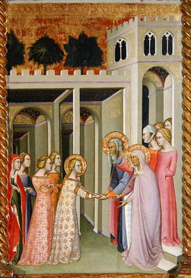 Triptych of the Coronation of the Virgin, right panel depicting the Virgin returning to her family h od also Manfredi de Battilori Bartolo di Fredi