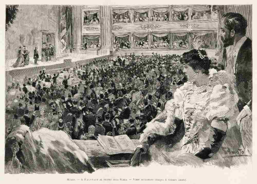 Giuseppe Verdi acclaimed in Teatro della Scala of Milan, following a performance of the opera Falsta od Amato Gennaro
