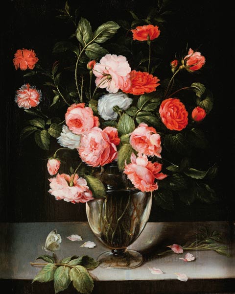 Rosen und Nelken in einer Glasvase auf einem Sims. od Ambrosius Brueghel