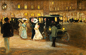 Evening town scene getting in the motor vehicles od Amedée Julien Marcel-Clement