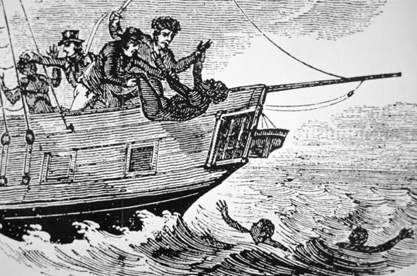 Dumping slaves overboard due to reasons ranging from sickness to rebellion (engraving) od American School