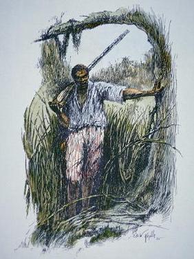 Runaway slaves seeking refuge in the Florida Everglades (coloured engraving)