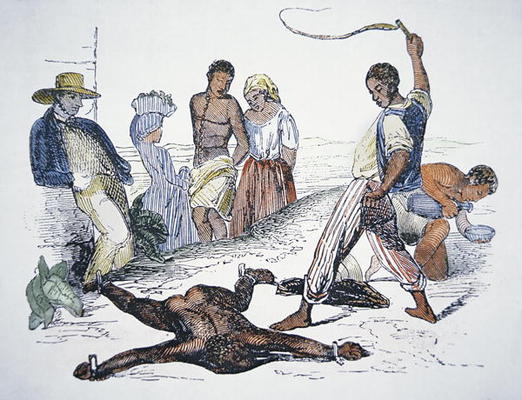 Whipping a slave in punishment (coloured engraving) od American School