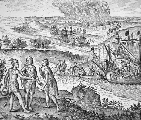 Pocahontas is enticed aboard the English ship to Jamestown (engraving) od American School, (17th century)