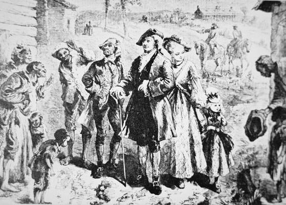 A plantation owner visits his slaves (litho) od American School, (18th century)