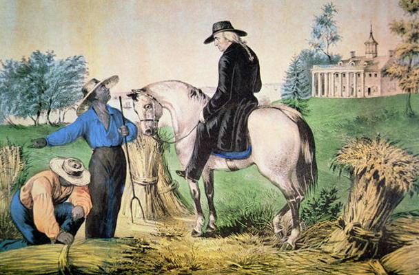 George Washington (1732-99) on his Mount Vernon estate with his black field hands, 1797 (colour lith od American School, (18th century)