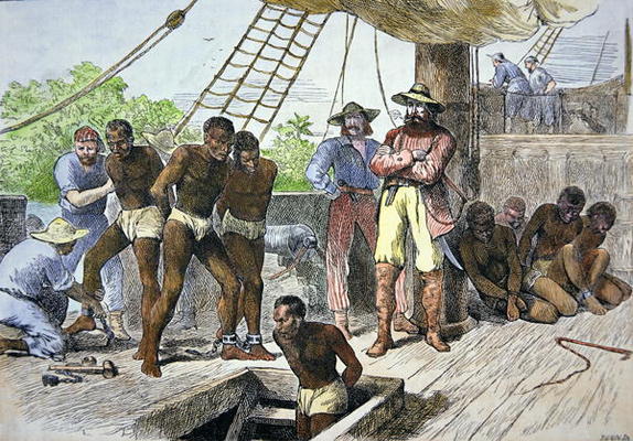 African slaves being taken on board ship bound for USA (coloured engraving) od American School, (19th century)