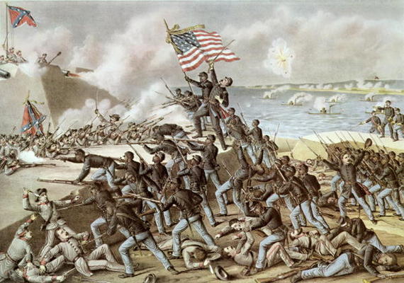 Black troops of the 54th Massachusetts Regiment during the assault of Fort Wagner, South Carolina, 1 od American School, (19th century)