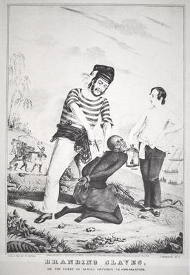 Branding slaves on the coast of Africa, prior to embarkation, 1845 (litho) od American School, (19th century)