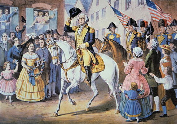 George Washington enters New York City 25 November, 1783 after the evacuation of British forces (col od American School, (19th century)