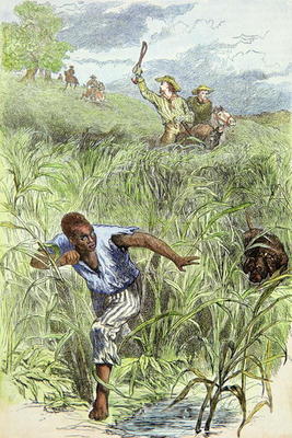 Hunting an escaped slave with dogs (coloured engraving) od American School, (19th century)