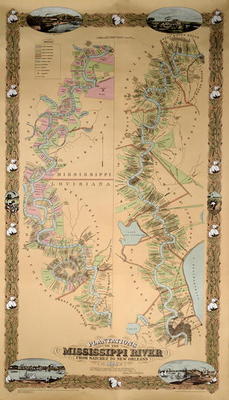 Map depicting plantations on the Mississippi River from Natchez to New Orleans, 1858 (colour litho) od American School, (19th century)