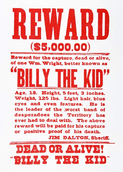 Reward Poster for Billy the Kid (1859-81) (litho) od American School, (19th century)