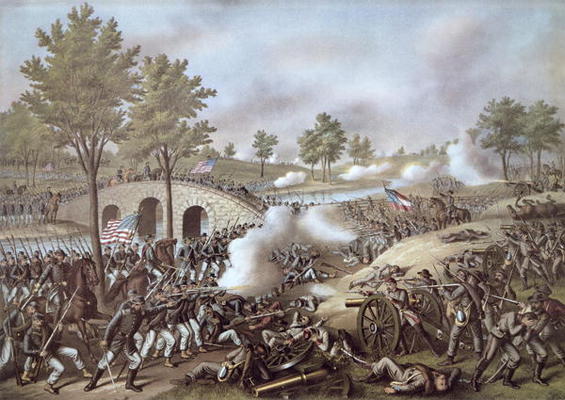 The Battle of Antietam, 1862, by Kurz & Allison (colour litho) od American School, (19th century)