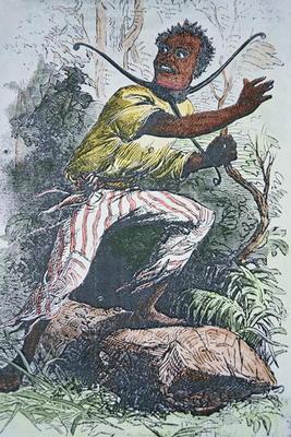 A runaway slave in the USA wearing a pronged slave-collar to hamper escape (colour litho)