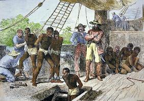 African slaves being taken on board ship bound for USA (coloured engraving)