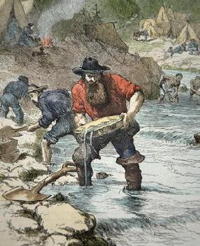 Prospectors panning for gold during the Californian Gold Rush of 1849 (coloured engraving)