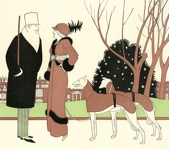 Fashionable Couple with Two Greyhounds od American School, (20th century)