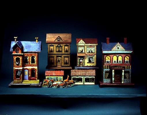 Four Two-Storey Doll's Houses - L-R: Gottschalk Blue Roof Doll's House, c. 1910; Bliss Doll's House od American School, (20th century)