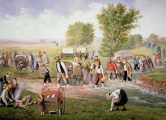 Mormon pioneers pulling handcarts on the long journey to Salt Lake City in 1856 (colour litho) od American School, (20th century)