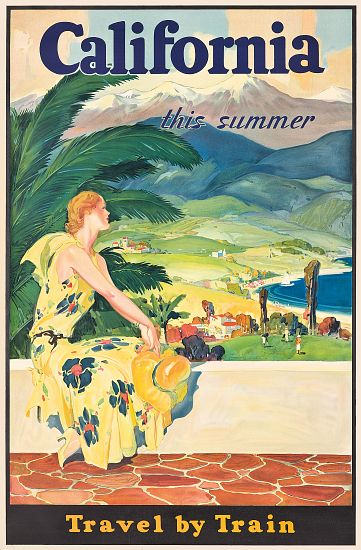 Poster advertising train travel to California od American School, (20th century)