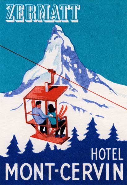 The Zermatt Peak with Skiers on Ski Lift od American School, (20th century)
