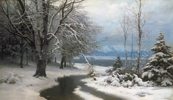 Winter landscape with brook and sea od Anders Andersen-Lundby