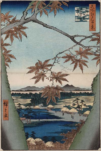 Ahornblätter, der Tekona Schrein und die Brücke. Aus der Serie: Hundert Ansichten von Sehenswürdigke od Ando oder Utagawa Hiroshige