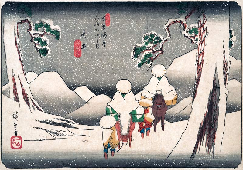 Travellers in the Snow at Oi od Ando oder Utagawa Hiroshige