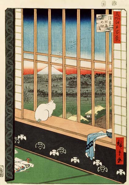 A cat sitting on the window seat od Ando oder Utagawa Hiroshige