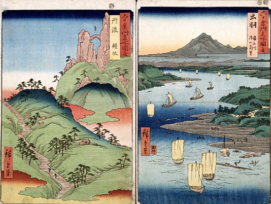 A landscape and seascape, two views from the series ''60-Odd Famous Views of the Provinces'', pub. K od Ando oder Utagawa Hiroshige