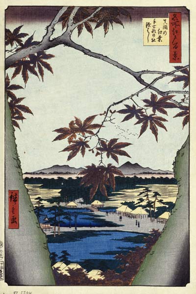 Maple Leaves and the Tekona Shrine and Bridge at Mama (One Hundred Famous Views of Edo) od Ando oder Utagawa Hiroshige