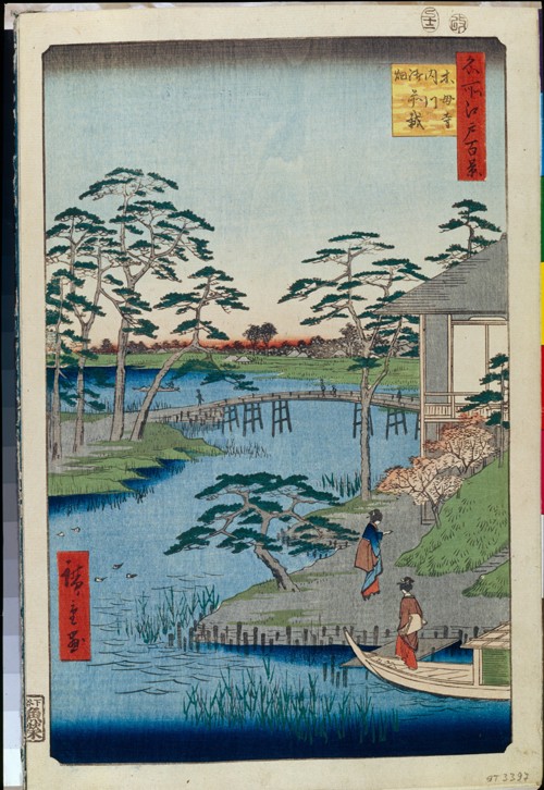 Mokuboji Temple and Vegetable Fields on Uchigawa Inlet (One Hundred Famous Views of Edo) od Ando oder Utagawa Hiroshige