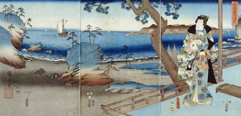 Prince Genji watching at the Suma Beach (triptych) od Ando oder Utagawa Hiroshige
