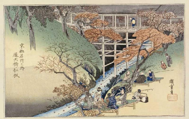 Rote Ahornblätter in Tsuten Bridge. Aus der Serie: Berühmte Orte in Kyoto. od Ando oder Utagawa Hiroshige