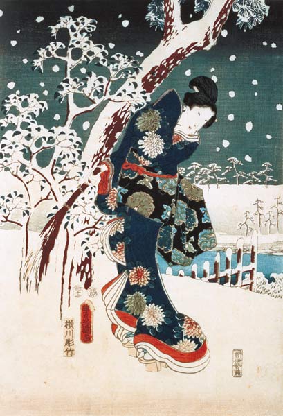 Snow Scene in the Garden of a Daimyo, part of Triptych (silkscreen) od Ando oder Utagawa Hiroshige