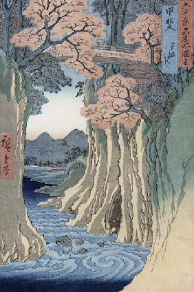 The monkey bridge in the Kai province, from the series 'Rokuju-yoshu Meisho zue' (Famous Places from