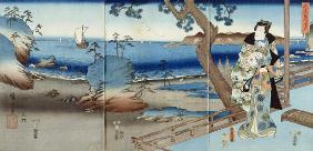 Prince Genji watching at the Suma Beach (triptych)