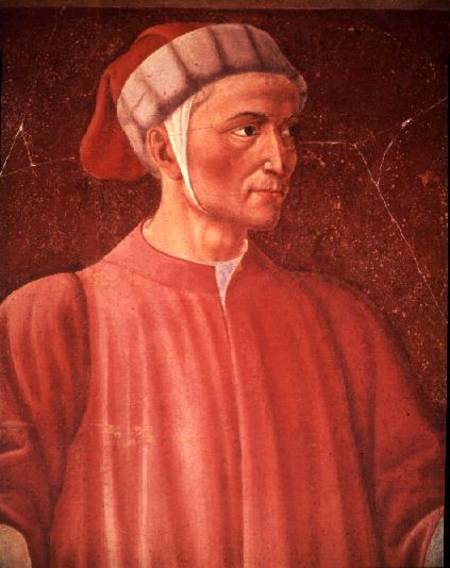 Dante Alighieri (1265-1321) detail of his bust, from the Villa Carducci series of famous men and wom od Andrea del Castagno