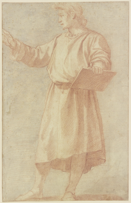 Stehender Mann nach links mit vorgestrecktem rechten Arm und einer Tafel mit der Linken in starker V od Andrea del Sarto