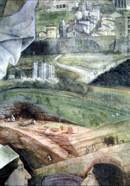 The Arrival of Cardinal Francesco Gonzaga; marble quarry workings and an idealised view of Rome, fro od Andrea Mantegna