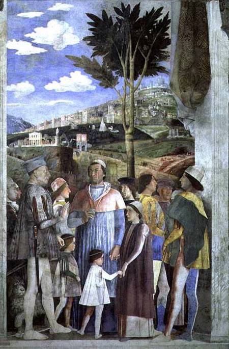 Arrival of Cardinal Francesco Gonzaga, greeted by his father Marchese Ludovico Gonzaga III (reigned od Andrea Mantegna