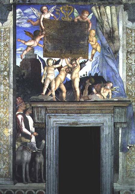 Putti with butterfly wings supporting the dedicatory plaque with hunting dogs and their handlers bel od Andrea Mantegna