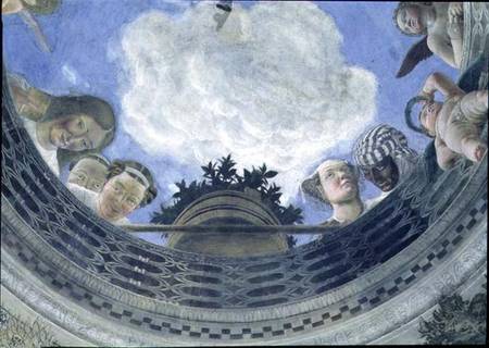 Trompe l'oeil oculus in the centre of the vaulted ceiling of the Camera degli Sposi or the Camera Pi od Andrea Mantegna