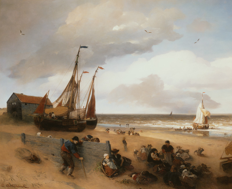 Fishing boats and fisherman people on a beach. od Andreas Achenbach