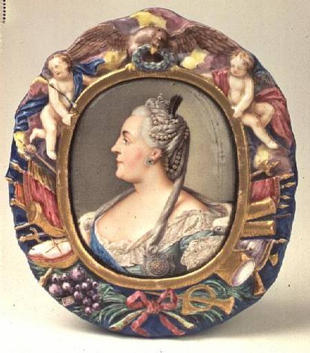 Catherine II (1729-96) after a portrait by Feodor Rokotov, enamel and copper, frame from the Imperia od Andrei Ivanovich Chernyi