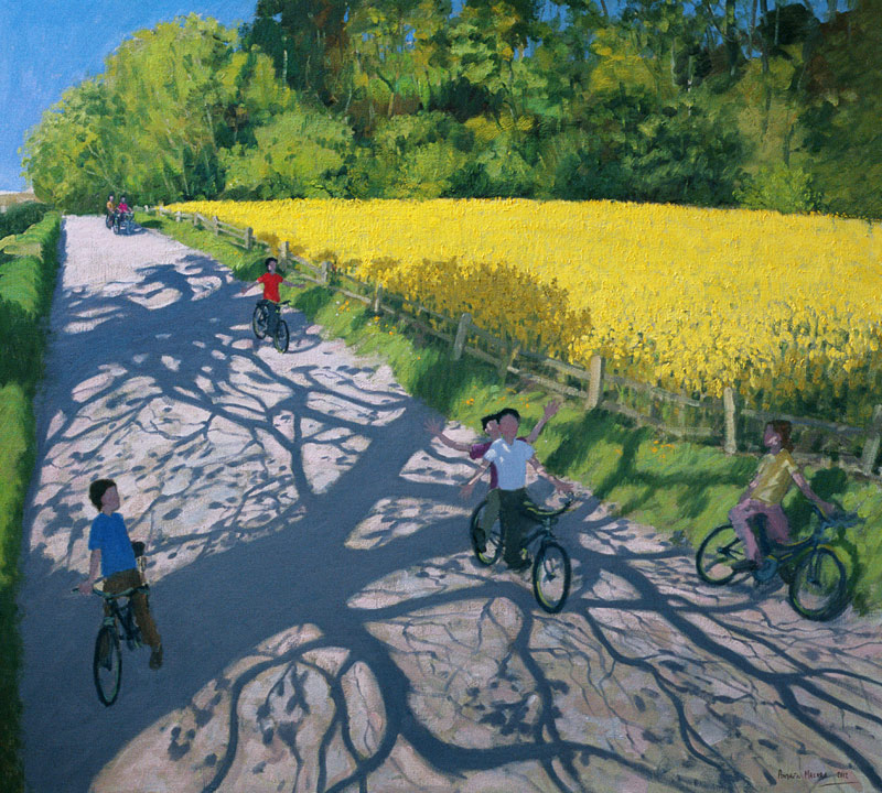 Cyclists and Yellow Field, Kedleston, Derby (oil on canvas)  od Andrew  Macara